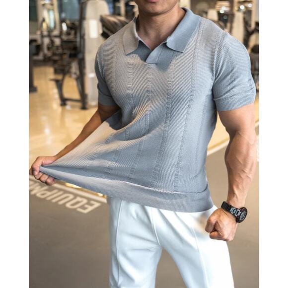 Aha Selected Ice Silk Polo Short Sleeves Shirt Knit Size Medium Gray Y2K Stretch - Picture 2 of 8